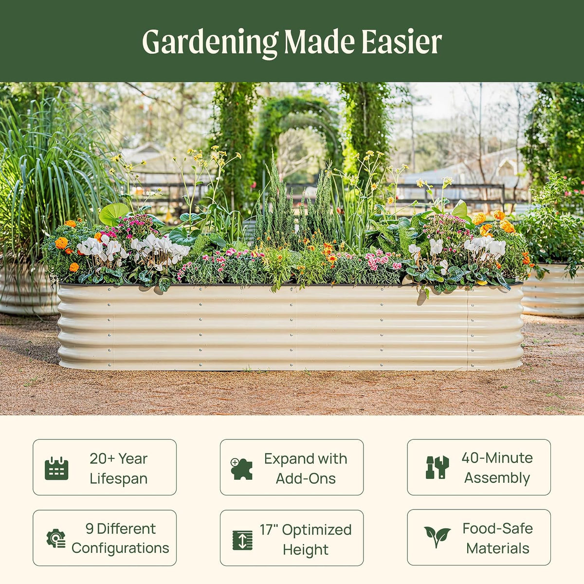 Vego garden Raised Garden Bed Kits, 17" Tall 9 in 1 8ft X 2ft Metal Raised Planter Bed for Vegetables Flowers Ground Planter Box-Pearl White - view 2