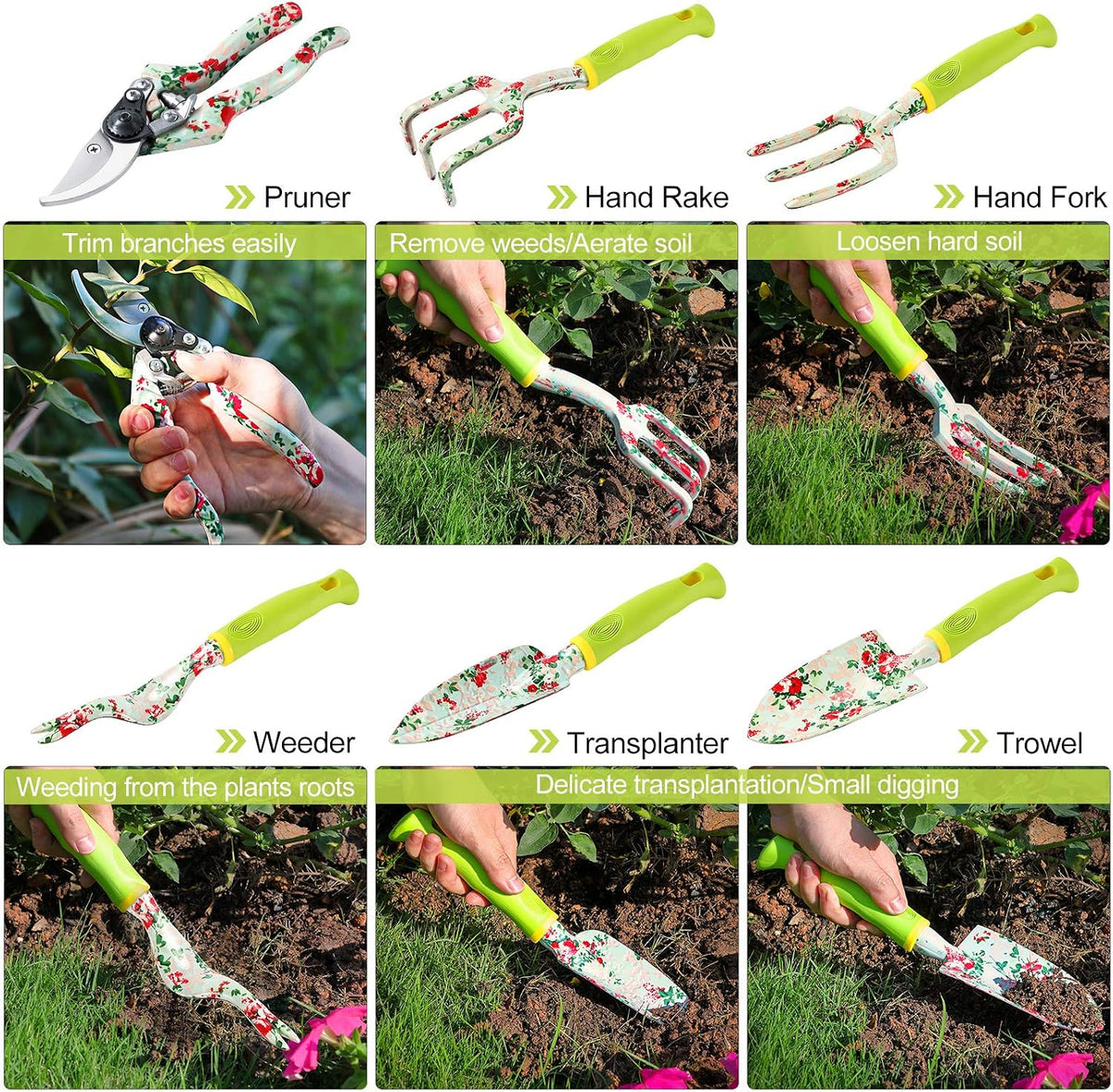 Gardening Tool Set - 13 PCS Heavy Duty Aluminum Gardening Tools Kit Floral Print Garden Tool Set with Non-Slip Rubber Handle & Durable Storage Tote Bag Gardening Supplies Gifts for Women Men - view 4