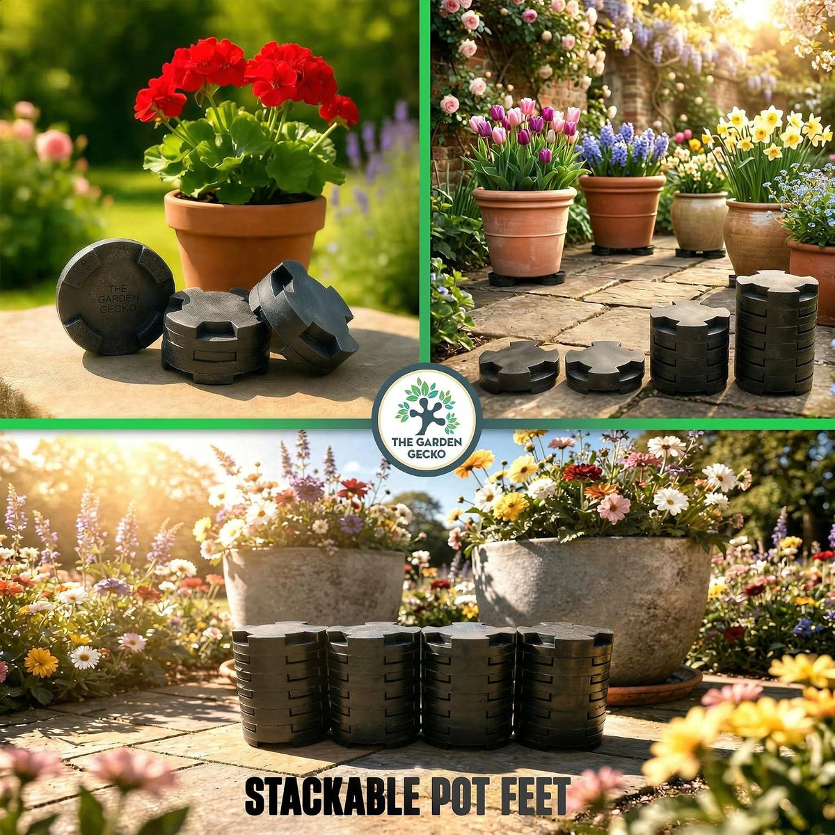 Stack Pack Plant Pot Feet, Outdoor Pot Feet, 24 Pack | EPDM rubber stackable pot risers, adjustable height, patios, decks, balconies and garden planters - view 5