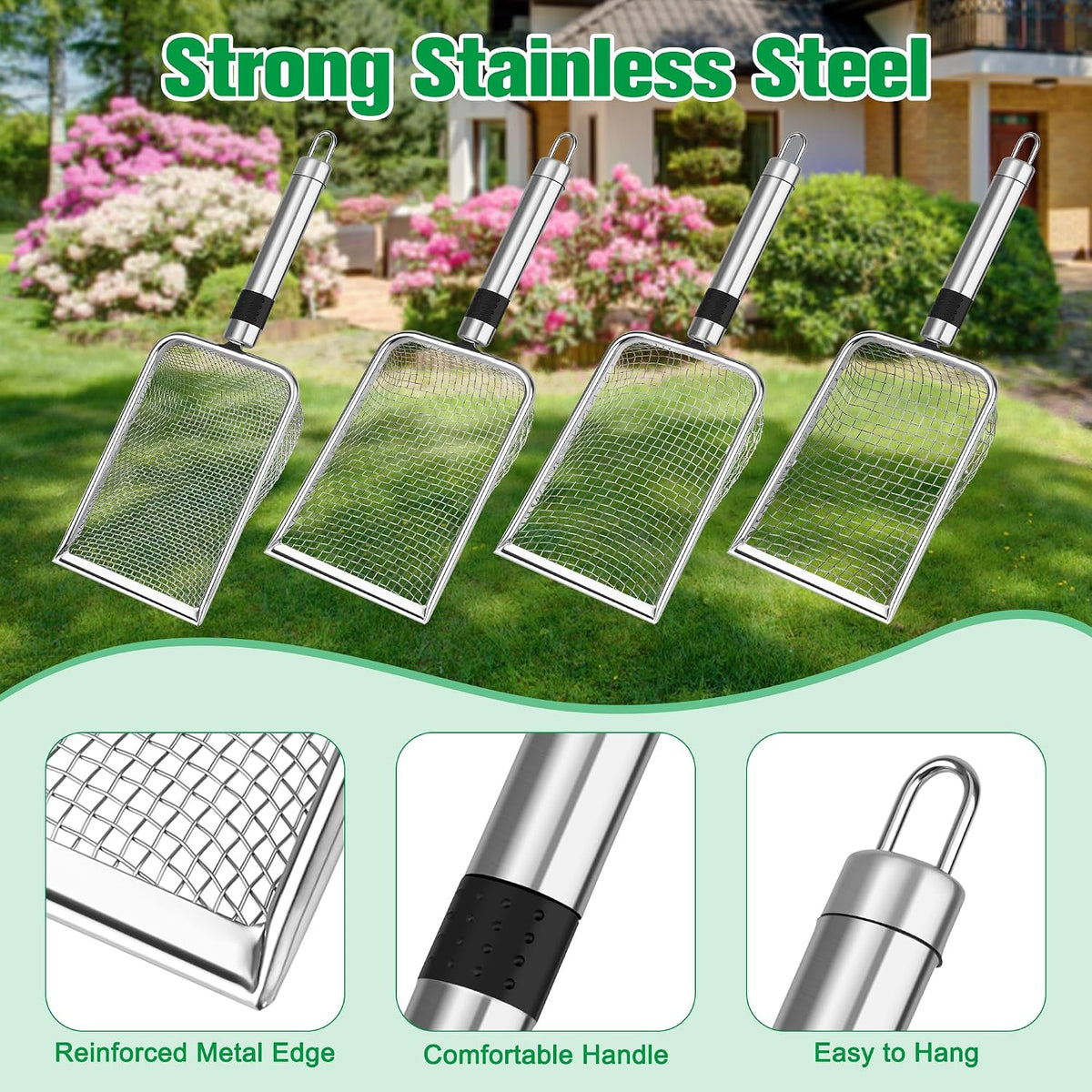 4p soil sifter for gardening, sand soil compost sieve for rocks | stainless steel, with handle (0.2/ 0.17/ 0.15/ 0.11 in mesh) - view 3