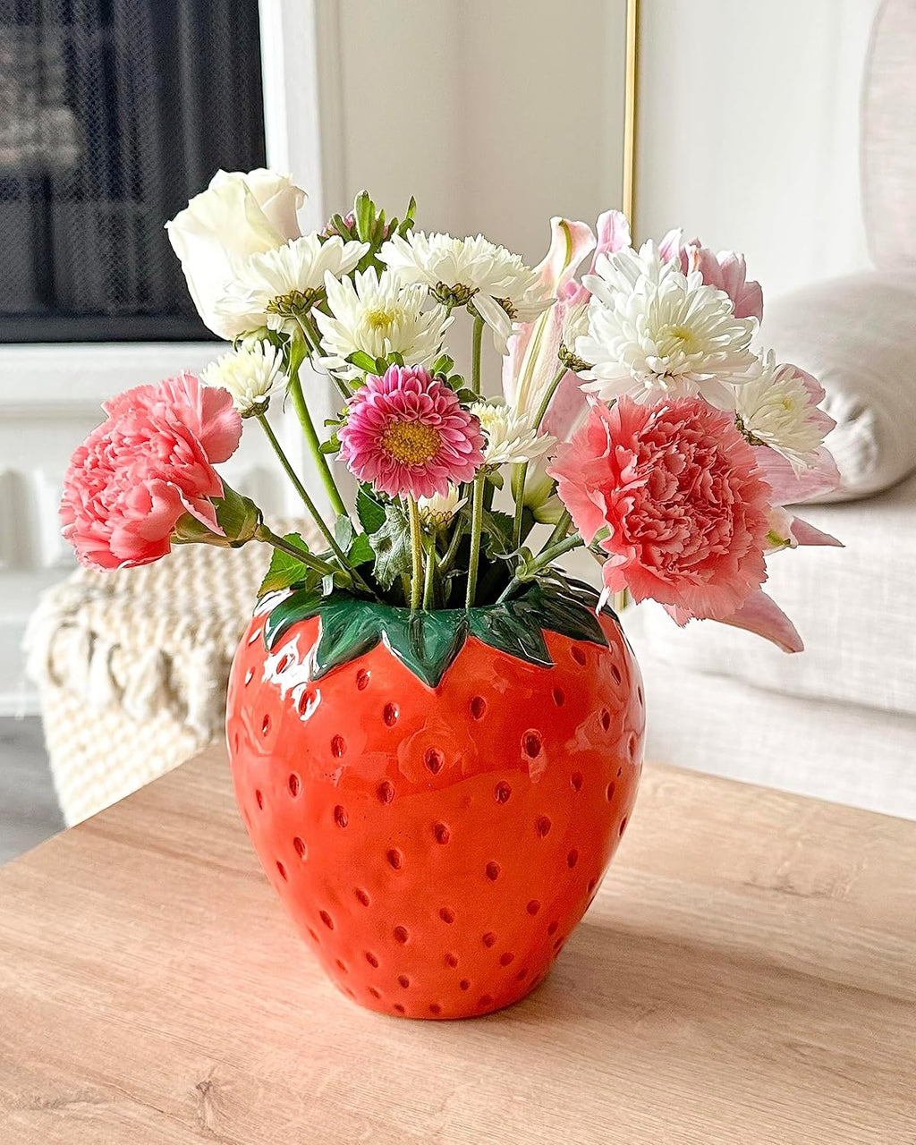 Novelty Ceramic Strawberry Flower Vase | Decorative Fruit Theme Vase, Large Planter Vase, Unique Red Strawberry Decor for Home/Kitchen/Office - view 4