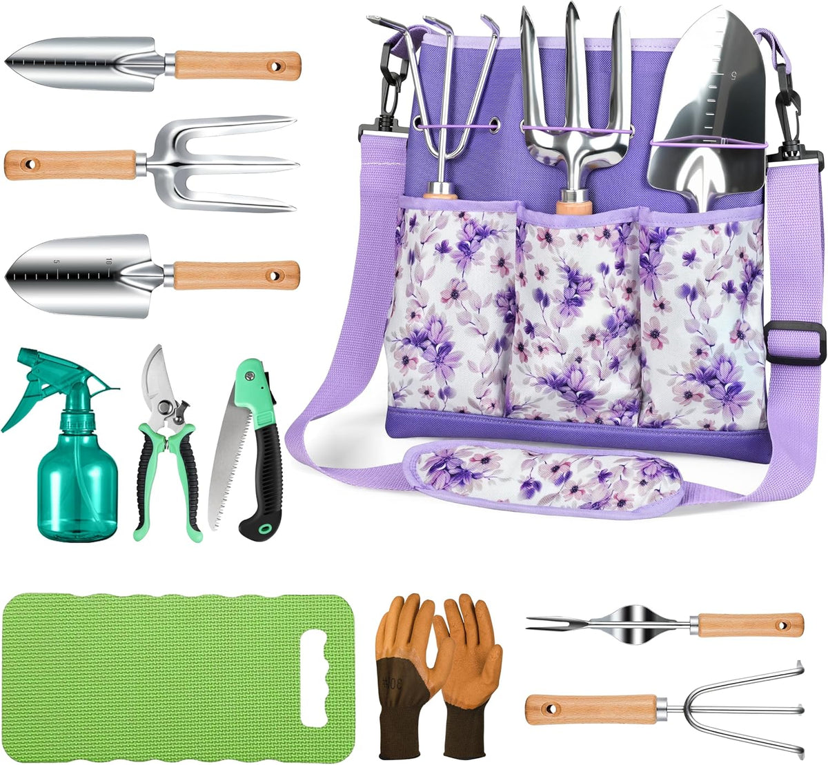 Gardening Tools Set, 11-Piece Rust-Proof Kit with Bag, Pink | Steel garden tool sets with canvas bag, Rust resistant kit for outdoor planting, Gardening gifts for women and men - view 8