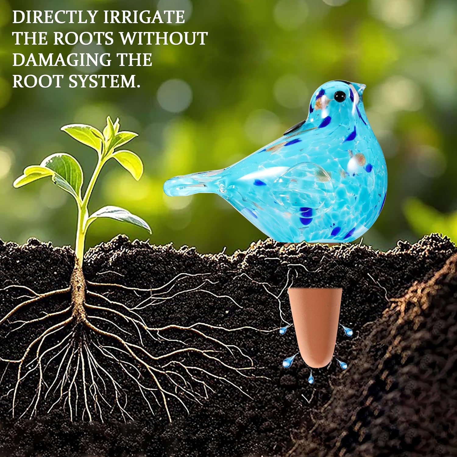 Glass bird shaped plant watering ball glass automatic watering ball flower pot insertion spike drip irrigation device watering ball irrigation system plant enthusiast gift (light blue) - view 3