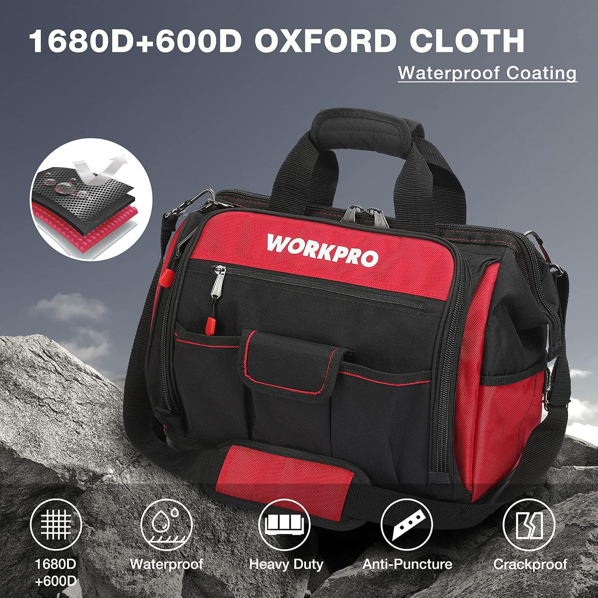 16" Top Wide Mouth Tool Bag with Water Proof Rubber Base, Multi-Compartment, 46 Pockets, For Tool Organizer & Storage, W081122A - view 2