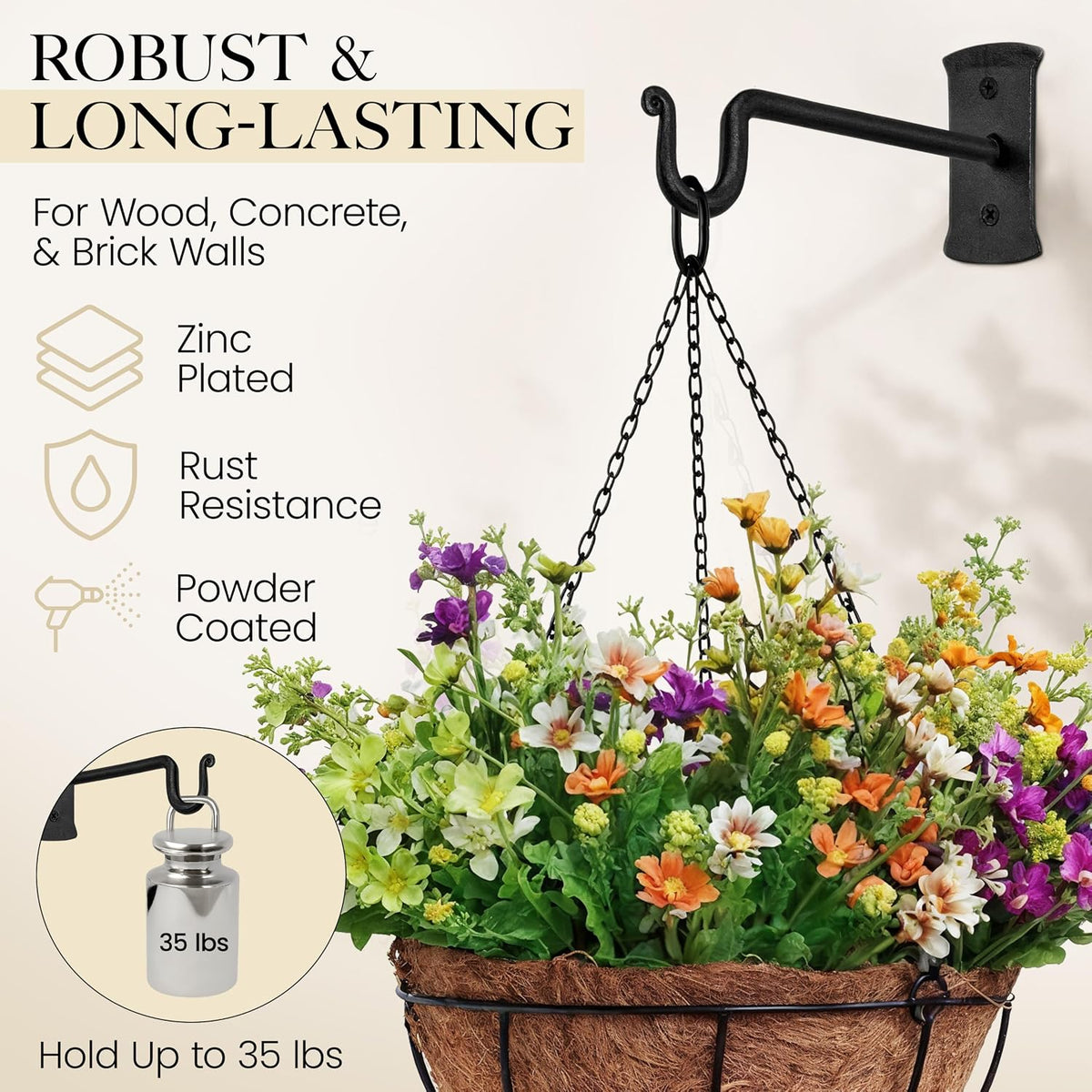 Plant Hangers Outdoor or Indoor Heavy Duty Wall Bracket Hooks | Wrought Iron Metal Hanger Indoor Hook for Hanging Plants Baskets Lanterns Bird Feeders - 2 Pack (Black Shepherds Hooks 7.5") - view 3