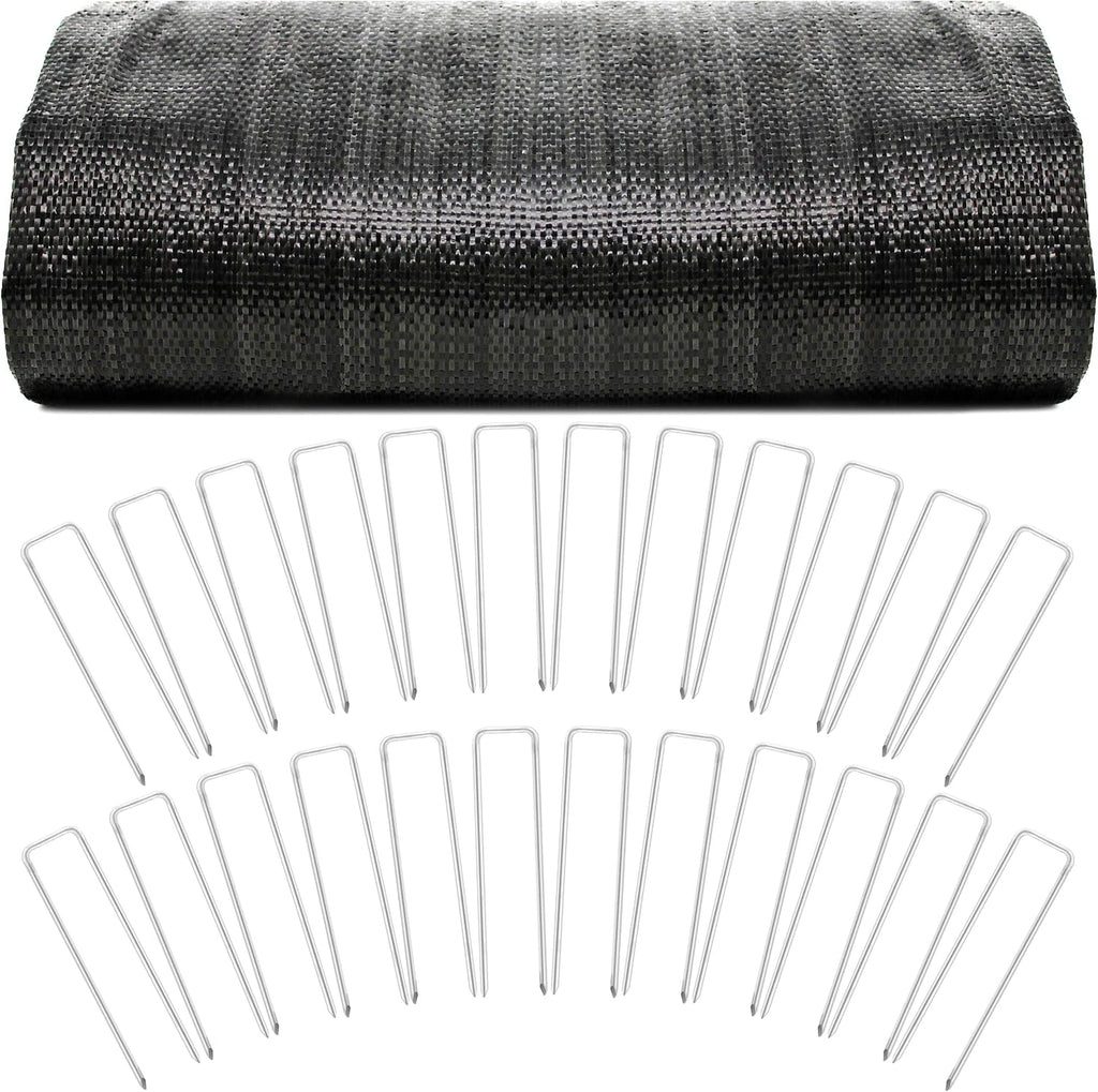 Woven Geotextile Driveway Fabric, Under Gravel, Weed Barrier, 12.5 x 50 ft | Heavy Duty Extra Wide Underlayment, Road Base Stabilization, Black Landscape Ground Cover, Garden Patio Walkway, 50 Stakes