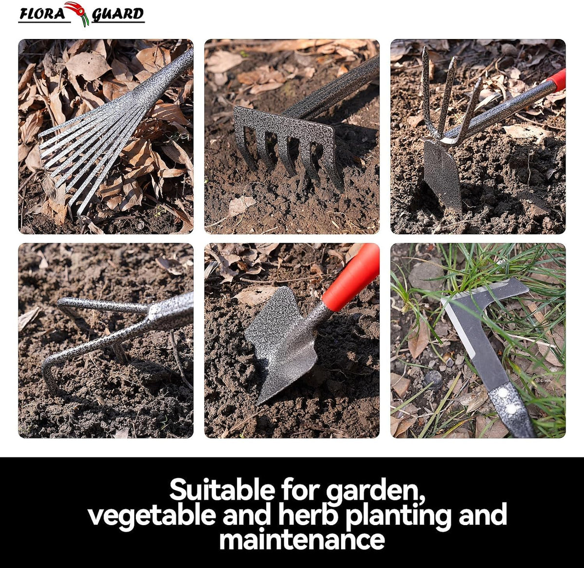 6-Piece Garden Tool Set, Heavy Duty Gardening Hand Tools with Trowel, Rakes, Cultivator, Hoe & Crack Weeder, High Carbon Steel Yard Tools for Weeding, Planting, Digging, Gardening Gifts - view 6