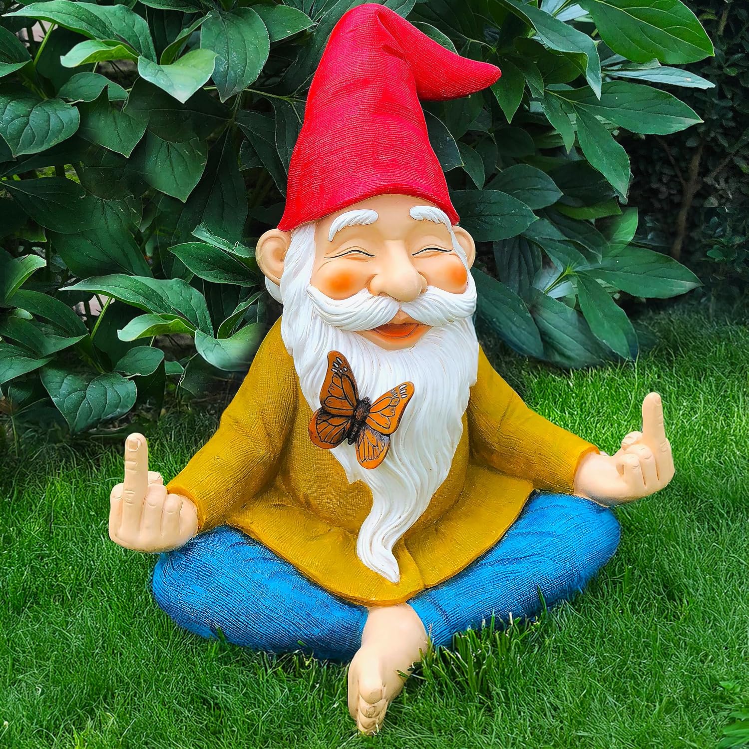 Zen Garden Gnome - Relaxed Yoga Gnome with Middle Finger - 9.25 Inch Tall Outdoor or Indoor Decor