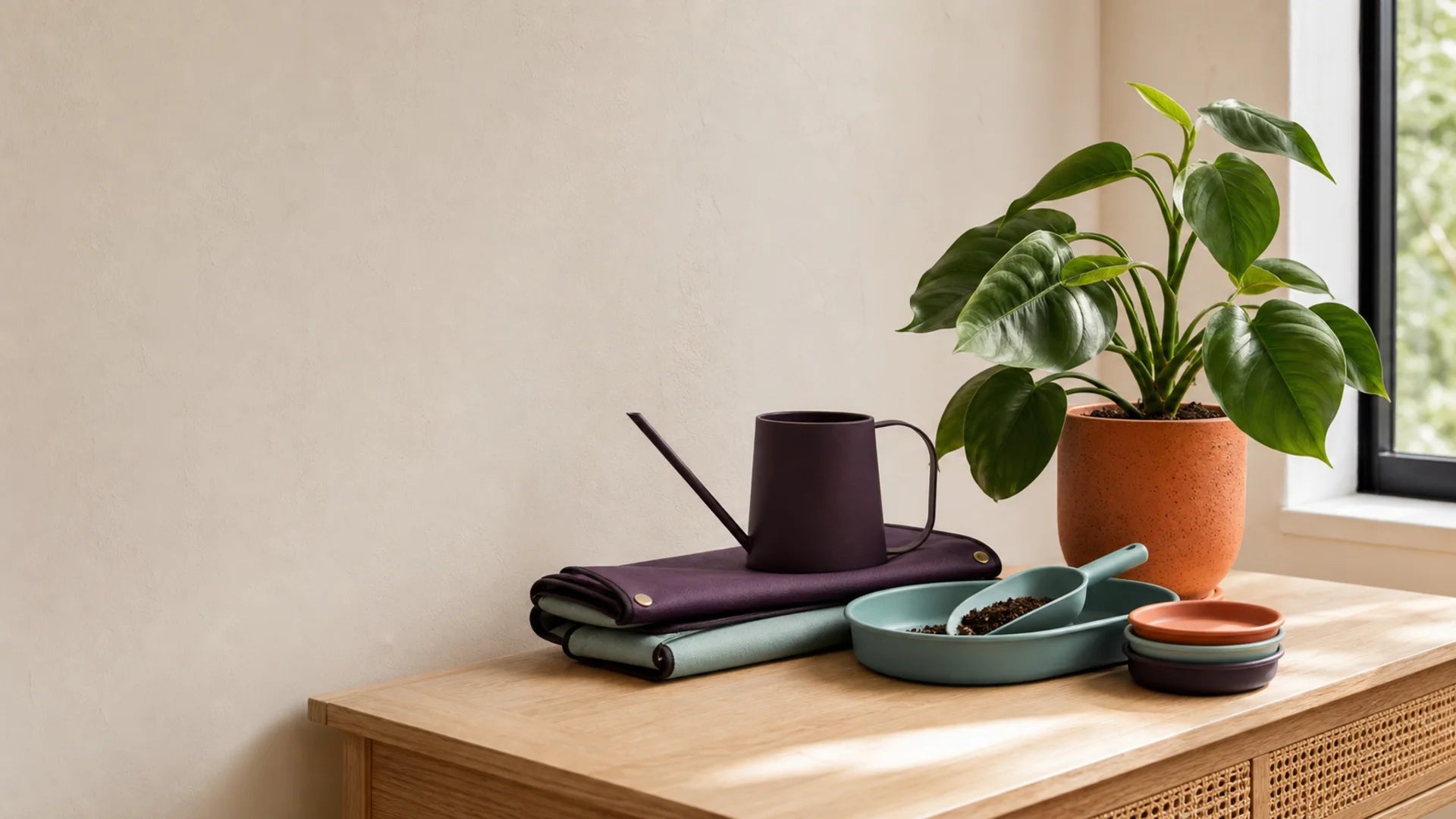 Compact plant-care station with a watering can, folded mat, tray, scoop, saucers, and one indoor plant